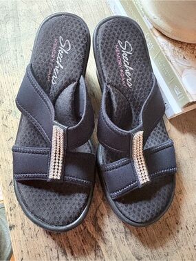 Skechers Black Slip-On Sandals with Rhinestone Strap